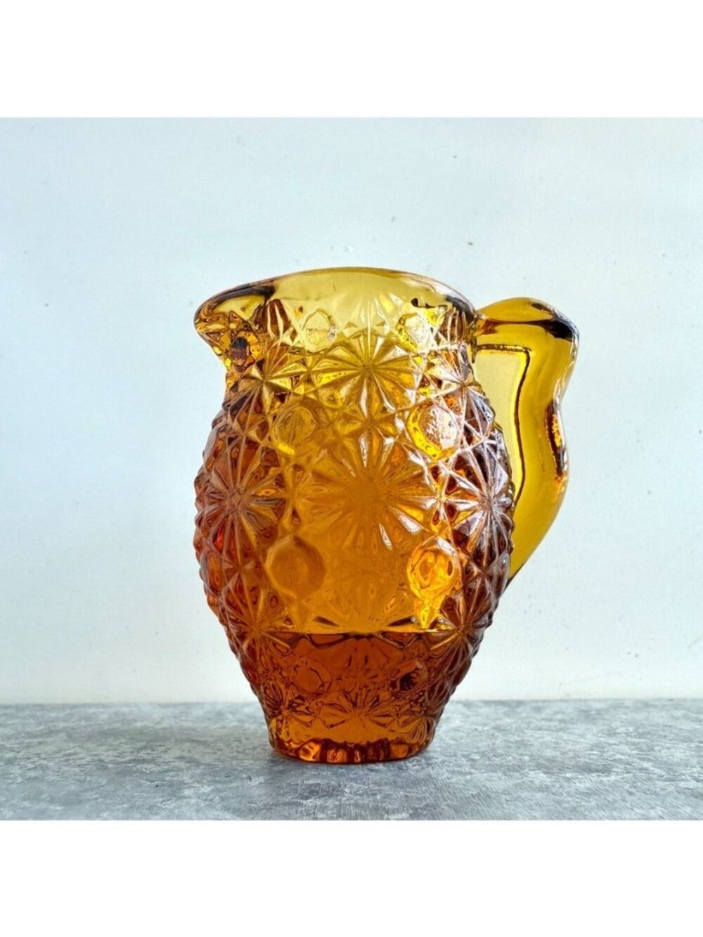 Vintage LE Smith Daisy & Button Amber Glass Miniature Pitcher Toothpick Holder